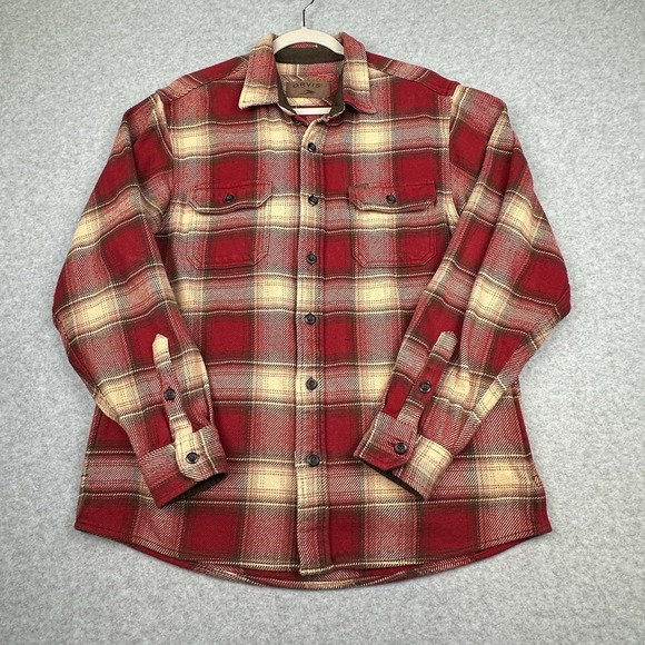 Orvis Chamois Flannel Shirt Mens M Red Plaid Heavyweight Gorpcore Work Cabincore - Picture 1 of 13